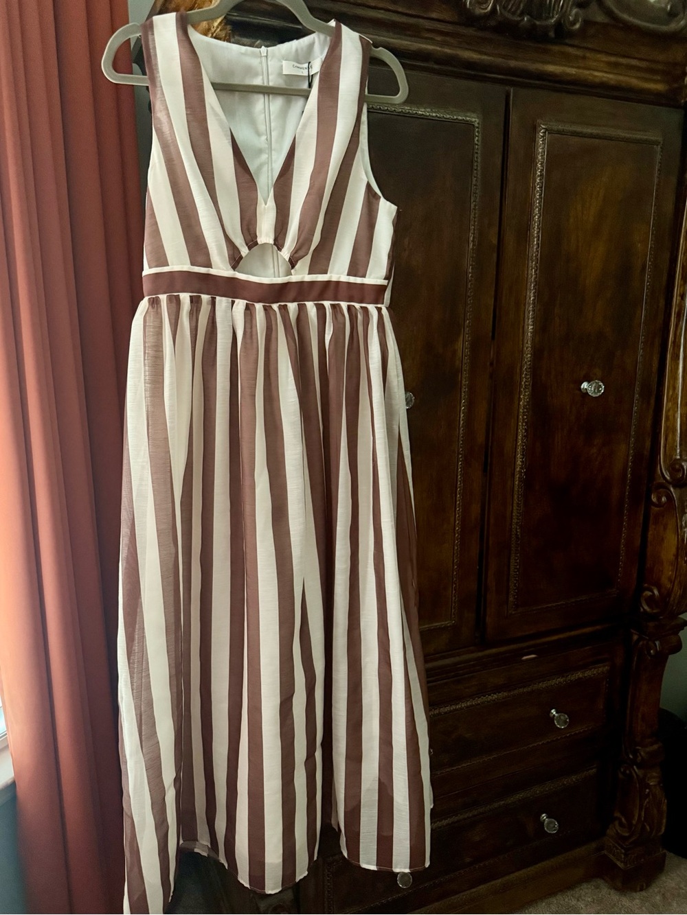 Commense Brown and Cream Vertical-Stripe Sleeveless A-Line Dress